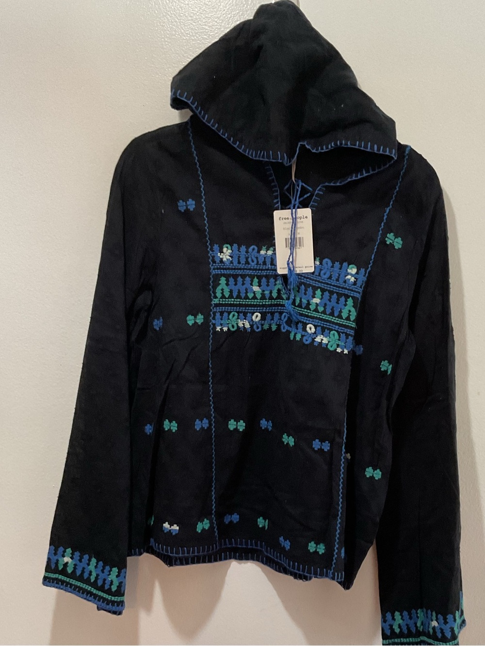 Free People Black Top with Bright Blue Hand-Stitched Trim